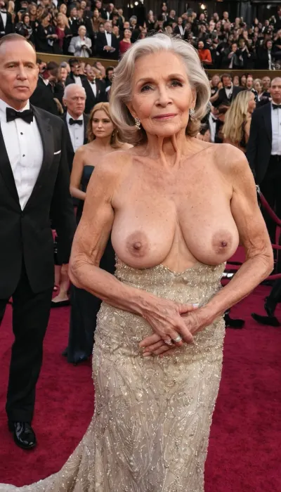A full body view, A wide staircase leading to the entrance, under the gaze of a crowd of fans, the press and television, a 69-year-old actress being interviewed on the Oscars red carpet, a thin body with prominent collarbones and sternum, dressed in a luxurious and shimmering gown with a plunging neckline, ungainly, sagging and wrinkled breasts spilling out of the dress, hanging down, exposed breasts, completely exposed breasts, hard, dark and erect nipples, pointing out under the dress, the dirty breasts of a 69-year-old grandmother