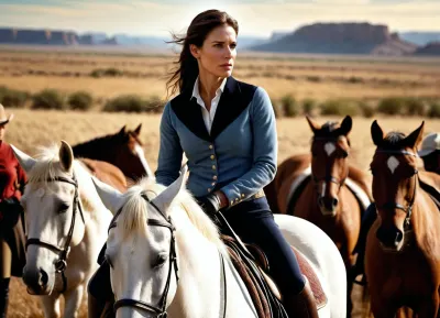 photorealistic, realistic, 35-year-old woman with Argentinean appearance — horse trainer wearing riding clothes, sitting on a horse, learning to walk clearly from young horses against the backdrop of a herd and the endless steppes of the Argentine Pampas, lively, highly detailed, cinematic lighting