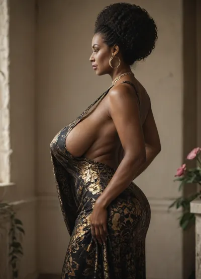 1980s, side view, side boob, (mature:1.2), (stunningly beautiful ebony black African woman:1.3), woman of color, Afro, (huge natural sagging soft tits:1.1), (tight flower dress that's open at the sides, with narrow bands holding the front and back of the dress together:1.1)