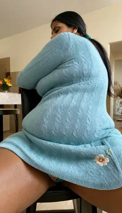 candid, voyeur, (Realistic:1.4), teal cashmere Sweater Dress, very long black hair, heavy indian jewelry, bangles, sitting back, front view, low angle, ((closeup)), subtle upskirt, (traditional Mature south indian mom:1.4), (dark brown skin:.9), (hairy crotch:.4), sitting on a plastic chair, in waiting room, (floral print panties), cheap motel room, heavy eye liner, looking away, (averted eyes:1.2), chunky hips, pudgy belly, fat and ugly, <lora:set4:.8>, <lora:EnvyZoomSliderXL01:.8>, <lora:epiCPhotoXL:.8>, knitted, sweater, dress, tight, <lora:BT_Knitted_Sweater_Dress_XL:.8>