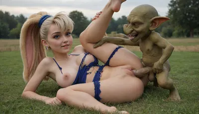 lola from looney tunes, brown eyes, perfect anatomic body, embarrassed, perfect skin, legs up, garter, (many goblin around with erect cock out:1.2), medieval, multi goblin sex, monster goblin sex, (goblin size:1.3), taller lola, (goblin are half size:1.3), goblin cock in pussy, lola bunny on the ground while fucked by goblin, open eyes, ashamed, ultra high details, (lola bunny looking at viewer:1.3), worried face, (goblin fucking lola bunny from looney tunes:1.3), goblin spreading her legs, feet to the side, ripped clothes, mount her, side view, live action, Grassy field filled with an abundance of colorful wildflowers in the foreground, under a bright partly cloudy sky