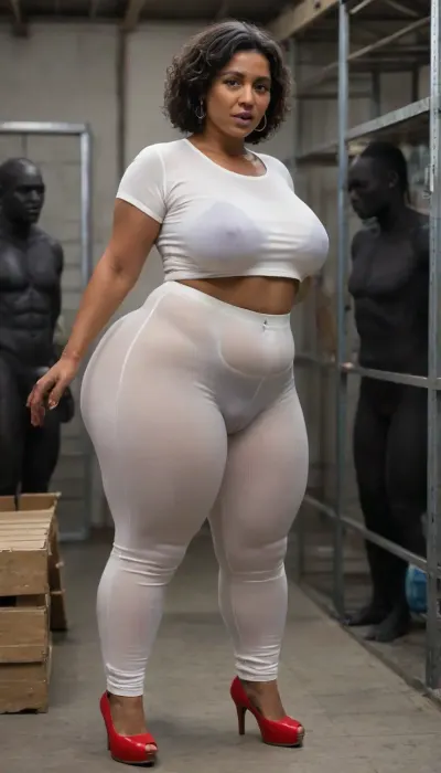 POV Big Cock, ((Mature MILF:1.4)), ((Realistic)), (8k Realistic), 8k High Quality, (Incredibly Detailed), Intricate Masterpiece, (Highly Detailed Skin), (Best Quality RAW Footage), (Highly Detailed RAW Color Footage), 8k UHD High Resolution, (Complex Lighting), realistic, awardwinning, 128K UHD, pi, fBm, sharp focus, (), (1 African American Woman Stands Out Among Men In Warehouse:1.4), Slut, (Realistic Face), (Ultimate Realism), High Detail, Elegant, (25 Year Old White Man:1.4), Beautiful And Sexy Dark-Skinned African American Woman, (Black Skin), (((55 Year Old))), ((Black Skin:1.5)), (ultra black skin girl:1.9), Full Lips, Big Lips, Dark Purple Lips, (((Dark Purple Lips))), Perfect Curvy Body, (Mature Woman:1.8), (Grandma:1.1), Beautiful And Sexy, (Dark-Skinned Woman, (Dark skin:1.5)), ((Long curly black hair)), (BBW:1.8), Fat, Chubby Body, Thick, curvy, big hips, (big hips:1.2), very wide hips, saggy and full C-cup breasts, (flat stomach), thin waist, ((big and thick thighs)), ((saggy and full C-cup breasts:.8)), ((big butt:1.5)), (bulging cameltoe:1.3), detailed face, extremely transparent cloths, Wearing extremely transparent cloths, extremely see through white shirt revealing a purple bra, Wearing extremely see through white Seamless pants trousers revealing a Light Purple big satin full coverage high waist full brief panties, (pantylines), (Stand up straight, legs slightly apart), pantylines, epicpanty, hyperass, ass, (Pantylines:1.4), Wear red high heels, ((looking at the audience)), looking at the audience, (eyes open:2), (disoriented:1.3), (Caught cheating:1.3), (looking surprised:1.5), (looking at the viewer:1.5), excited, aroused, tack sharp, 4k, woman, looking at the camera, warehouse background with shelves, ((view from front)), (full body view:1.5), <lora:melanin-XL:2>