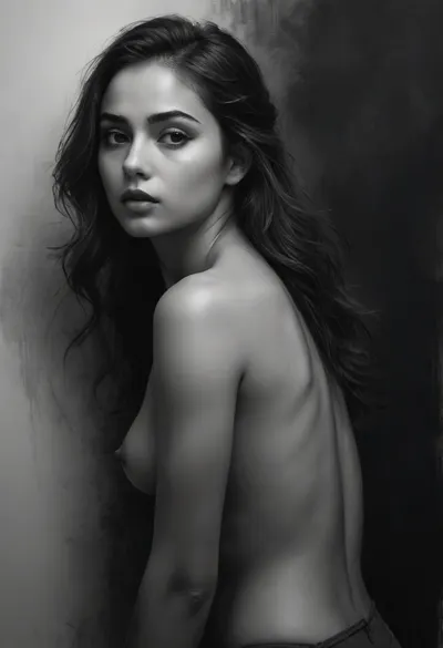 A half-naked 19-year-old girl is accidentally turned into an actress in an everyday situation, showcasing her small, firm buttocks, ultra-sharp details, realistic skin texture, refined contrast, 8k detail, authentic facial expression, clean composition, (maximum photo quality:1.4), (maximum resolution:1.5), Black, and, white, art, black, pencil, shading, charcoal, drawing, toned, paper, brutal, dark, b/w, color, scheme, highly detailed various background, <lora:Black and white art.V1:.5>, <lora:Underwater_movie_lora-000009:.8>, <lora:sea_monster_lora-000003:.8>