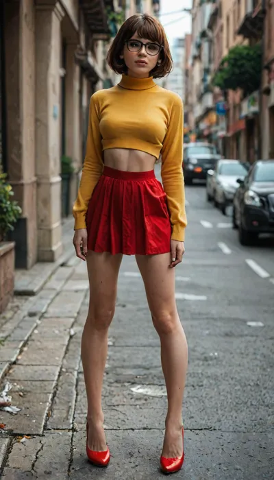 8k, score_9, score_8_up, score_7_up, FILM PHOTOGRAPHY STYLE, cinematic photography of a woman, professional portrait photo realism, skinny, high heels, narrow waist, narrow hips, narrow calves, long slender legs, Velma Dinkley, Huge GG tits, Busting out of blouse, 12, full body photo, <lora:detailed_notrigger:2>, <lora:add-detail-xl:.8>, <lora:LCMTurboMix_Euler_A_fix:.8>, <lora:style_lora_realis:.8>