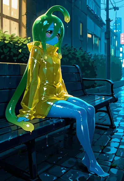 Suu, (Monster Musume), slime woman in rain coat. Petite, short, skinny, blue slime monster girl, green slime hair, yellow rain coat, transparent body.

Rainy city park, sitting on park bench, dark lighting, moody lighting.
