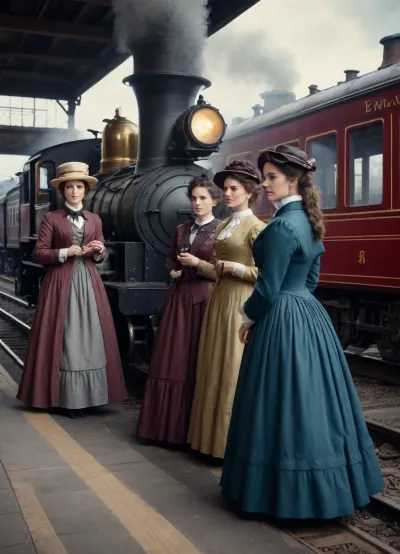 french in 1817, a steam locomotive pulls into the station. A group of women stand on the platform, dressed in elegant nineteenth-century clothing, chatting among themselves.