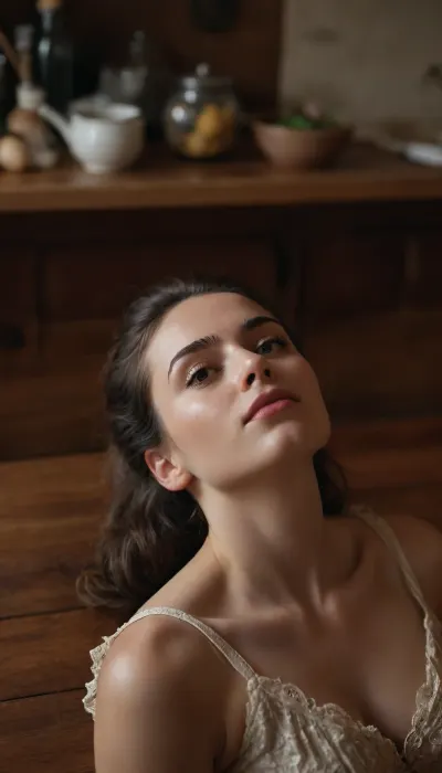 In a cozy country-style kitchen, a 25 year old slender woman lies, (on her back:1.4), on a rustic wooden table, her head gently drapes over the table’s edge, allowing the viewer to stand at eye level or slightly above and gaze into her eyes. She wears a light, summery dress with a deep neckline, subtly revealing her décolletage. The scene is rendered in stunning photorealistic detail, capturing the texture of the dress, her skin, and the warm, inviting ambiance of the kitchen. The viewer’s perspective offers a gentle, intimate glimpse into her serene expression, The overall atmosphere is calm, sensual, modern, and authentic, with cinematic depth of field, ultra high resolution, sharp focus, realistic lighting, and a refined, intimate aesthetic suitable for a premium photorealistic image, (ziprealism:1.3), ultra-sharp details, realistic skin texture, refined contrast, 8k detail, authentic facial expression, clean composition, (maximum photo quality:1.4), (maximum resolution:1.5), upside, down, one, face, <lora:face_upsidedown:.8>