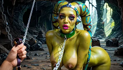 Masterpiece closeup portrait, (((oola purple skin twi’lek alien from Star Wars))), 40 years old, sexy mom, mature, tall, toned, strong, fit, slim, (((completely green skin, green face))), green skinned legs, green skin arms, best quality, masterpiece, POV view, high resolution, rough skin, detailed eyes, (((big fake tits cleavage:1))), (((naked with green skin))), (((leash to heavy iron slave collar on neck))), ultra deep tanned, broad shoulders, big tits, butt, beautiful detailed eyes, depth blur, visual key, vibrant, very detailed, inside a dark dirty cave, choker, jewelry, soft lighting, details in the background, ultra-detailed, sophisticated ambiance, looking at the viewer, two accurate hands, detailed fingers, (((slutty bimbo heavy mascara, eyeshadow, lipstick:1.5))), (((pulled toward viewer on a heavy chain leash:1.5))), <lora:SDXLHighDetail_v6-000005:1.7>