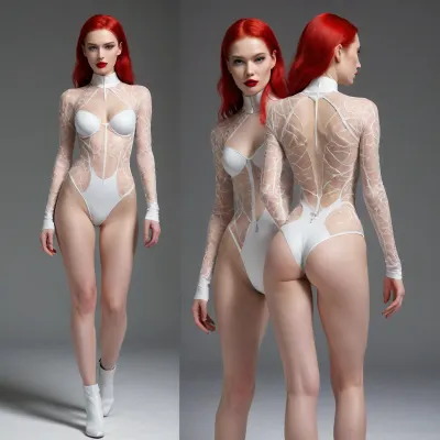 bodysuit fashion design, 2-views, (front view and back view), of Chinese fashion model with pale skin, red hair, is showcased wearing white avant-garde bodysuit, Avant-garde Urban Wear, Fusing an Assassin’s Creed aesthetic with elements of nature, long sleeves, drawing inspiration from Rinaldy Yunardi, complex, intricate designs and Ross Lovegrove futuristic Biomorphic style, Michelle Hébert, wearable art. The bodysuit is crafted from transparent and clear materials, vee neckline, harness style, constructed with an elegant, sophisticated structure. Set against a pristine, clean white background, the image focuses sharply on the model, emphasizing the details of the bodysuit. Bodysuit details are complete. The rendering aims for a hyper-detailed, high-resolution effect, employing techniques to achieve a photorealistic, hyper-realistic look that captures the fine textures and subtleties of the materials and design, ((heavy make-up with red lipstick))