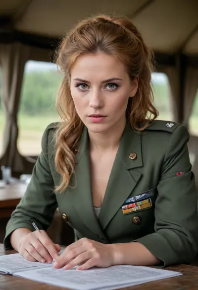 a young sexy german female soldier, she looks stern but sexy, sitting at a table in a military headquarters tent, reading a roadmap, she wears a green military trouser suit for women with a deep neckline, strawberry blonde long hair in an up-do, beautiful green eyes, Beautiful detailed face, (perfect eyes:1.1), (perfect skin:1.1), (perfect body:1.1), (perfect hands:1.1), (perfect finger:1.1), (perfect fingernails:1.1), Photorealistic, RAW, analog, best quality, 8k, HD, DSLR, Fujifilm XT3, film grain, award winning