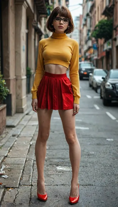 8k, score_9, score_8_up, score_7_up, FILM PHOTOGRAPHY STYLE, cinematic photography of a woman, professional portrait photo realism, skinny, high heels, narrow waist, narrow hips, narrow calves, long slender legs, Velma Dinkley, Huge GG tits, Busting out of blouse, 12, full body photo, <lora:detailed_notrigger:2>, <lora:add-detail-xl:.8>, <lora:LCMTurboMix_Euler_A_fix:.8>, <lora:style_lora_realis:.8>