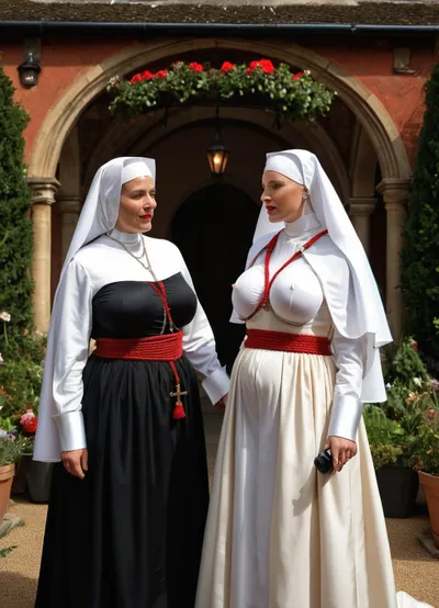 masterpiece, detailed eyes, detailed face, highly detailed, realism, realistic, dynamic pose, dynamic background, detailed background, photorealistic eyes, (medieval convent garden:1.5), flowers, fountain, (long shot:1.5), (dynamic angle view), (2women:1.5), (medieval mature nuns), (nun white veil, nun winple), (open nun dress:1.5), (red garter and straps:1.5), (heavy sagging breasts:1.7), (huge saggy breasts:1.5), (very hairy pussy:1.5), (visible pussy:1.5), (body harness:1.5), (red rope harness:1.5), (slim waist), (wide hips), (huge rounded ass), (hugging:1.25), (pregnant belly), (large brown areolas:1.15), (detailed huge nipples:1.15), (nipple rings:1.5), (nipple chains:1.5), (red lipstick), (dark purple nail polish)