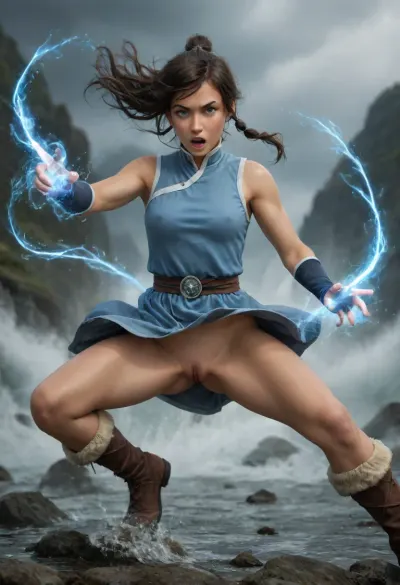 Korra, avatar the last airbender, warry face, shouting, tan-skinned, blue eyes, dark brown hair, hair is shoulder-length, messy bangs, ponytail, slender, thigh gap, sleeveless light-blue Water Tribe-inspired tunic, very tight clothes, covered pointing nipples, fabric belt, (exposed pussy), fingerless gloves, boots, fight pose, wind in hair, wind in clothes, big magic swirl around girl, big glowing magic flows, fantasy, magical powers, magical, magic, spell, element, water, swirls, air, wind, naked pussy, <lora:detailed_notrigger:.8>