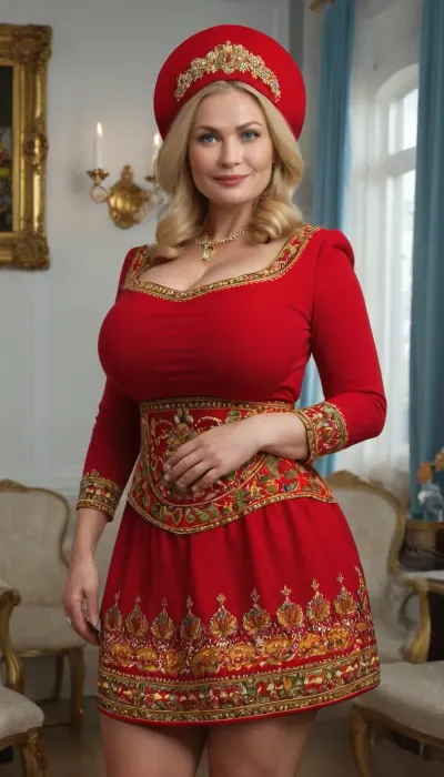 Curvy executive woman, (gigantic breasts, wide hips, thick thighs), Swedish, blonde, bright blue eyes, 37 years old, (((Set composed of a Russian national dress and kokoshnik))), hourglass figure, long chubby legs, firm thighs, milf body, milf face, wrinkles at eyes, facial age wrinkles, (masterpiece, best quality, realistic, detailed:1.1), slutty, cougar, promiscuous aunty, huge sex drive, slutty smile, high quality, very giant breasts, perfect huge tits, new england, luxury, old money, conservative, hamptons, posh, ivy league, rich, very realistic, best quality, highly detailed, OverallDetail, <lora:milkers_v2:.8>