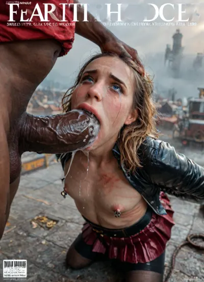 (Magazine cover "Pleasure":1.3), high POV, flat chested, (detailed Hermione Granger face), 18 year old adult girl, posing, pleased smirk expression, (detail wearing a plain tight red shiny latex Hogwarts Gryffindor school uniform, pleated violet latex mini skirt, black latex stockings), beautiful realistic pussy, (tight blouse:1.4), tits fully under clothes, (erect big nipples under clothes:1.5), (covered with thick cum:1.6), ((Hyper realistic)), (ultra HD image), 8k, UHD, super high quality, super high resolution, extremely detailed, perfect face, perfect eyes, (man is choking her from behind:1.4), ((hogtied, bound for sex, tied up)), (black eyes), (pale skin:1.3), cock in mouth, (brutal face fuck), Blowjob, (tears in eyes:1.5), (running makeup), (cum drips from nose:1.3), (cum drips from mouth:1.3), ultra hd, photorealistic, hyper gigantic large black cock in mouth, (((hyper gigantic large black cock in mouth:1.3))), oral cream pie, hair grab, sad, sad crying, tongue out, gasping for air, highly detailed, high resolution, perfect lighting, natural lighting, holding head, deepthroat, black spiked pet collar with leash, tied up in chains, hands behind back, (anal:1.5), (masterpiece:1), hard nipples, hourglass waistline, perfect anatomic body, anal spitroast, gagging on cock, (pulled nipples:1.2), nipple clamps, spitroast, wide eyes, throat bulge, puffy cheeks, thick cum, holding her head with both hands, 35mm photograph, film, professional, 4k, 1girl, 5 boys, hdr, photographic, ultra realistic, ultra high details, back light, (front view), (dynamic pose), best quality, with large muscular black men, gargantuan black cocks, anal sex expansion, large hyper muscular black men, interracial gangbang, (interracial sex), swollen black veiny cocks, (double anal penetration), hardcore double penetration, proper physics, big black cocks, muscular black interracial gangbang, (forceful penetrations), extremely graphic, beautiful hands, massive cum in ass, (side view), realistic lighting, soft shadows, high detail, hyperrealistic, 8K, BadX, dvr-shrp, Stable-Yogis-Makeup-Enhancer-XL, porn photoshoot, detailed skin, on the roof, steam locomotive, steampunk, fog, steam, blushing, DETAILED background, spectacular lighting, (huge dick), (creamy deep deepthroat:1.12), (extreme oral sex:1.4), (huge massive white dick:1.4), (hands pulling hair hard, hair falling off:1.22), ((laughing insane, looking at viewer, big grin:1.5)), ((shows the V sign with his hands)), (extreme size difference:1.12), (eyes wide open in horror:1.158), (wide mouth spreader:1.18), (pleading expression:1.54), (terrified:1.58), (crying:1.98), (fear and panic:1.58), ((screaming in pain:1.46)), (huge dick:1.18), (whip marks:1.125), (whipped tits:1.125), magazine cover, <lora:detailed_notrigger:2>, <lora:add-detail-xl:2>, <lora:LCMTurboMix_Euler_A_fix:2>, <lora:JuggerCineXL2:2>
