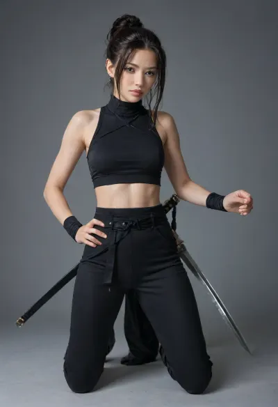 Ayame from Tenchu, Fatal Shadow. Kunoichi. She holds a ninjatō, (straight sword), in each hand.

Her right arm is raised high with a sword poised above her shoulder, ready for an attack. Her left arm is crossed low across her torso, holding the second sword in a defensive or ready position. The overall effect is one of intense focus and immediate readiness for swift combat.

She is dressed in a dark purple or black sleeveless ninja outfit, (shinobi shozoku), . The costume features a deeply cut leg opening on both sides, held together by a belt tied at the waist. She has dark leggings/shin wrappings and shoes.

half closed eyes, camel toe, earpiercing, navel piercing, ninja., jpn-girl, <lora:japanese_girl_v1.1:1.8>