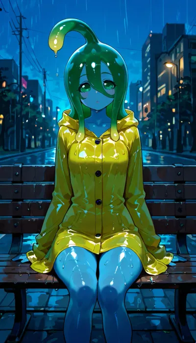 Suu, (Monster Musume), slime woman in rain coat. Petite, short, skinny, blue slime monster girl, green slime hair, yellow rain coat, transparent body.

Rainy city park, sitting on park bench, dark lighting, moody lighting.