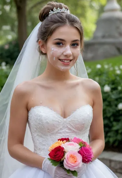 high resolution, high quality, young beautiful girl 18 years old, (3/4 length photo:1.7), (Hair up in elaborate bun:1.4), (((multiple loads of thick cum on her face:1.6))), (standing model posing, (wedding dress:1.2), (white corset:1.2), (wedding veil:1.3), (white lace gloves), very cute, smile, long wavy brunette hair, colorful flowers garden in the background), woman, cum, on, face, <lora:JustCum:1.6>
