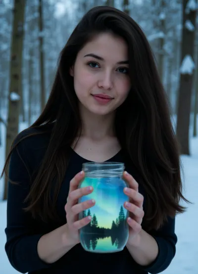 (masterpiece), (high resolution), realistic photo, natural lighting, detailed skin, beautiful girl, upper body, (smiling:1.1), (beautiful:1.2), very detailed face and eyes, beautiful eyes, long dark hair, holding both hands, (glass jar:1.3), in which caught, (northern lights:1.4), Inside the jar {forest lake, fir trees, reflection in the water and northern lights above them}, Winter forest in the background, snow covered trees, cold atmosphere, forest blurred. Blurred background, bokeh, ultra realism, (focus on face)
