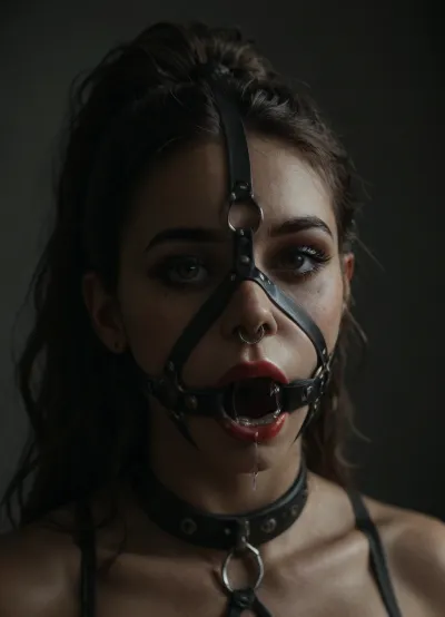 ((30 years old, Tipical italian girl, fit body, fake booobs, perfect cute face, curly very long brown hair in ponytail, brown eyes, light freckles, bimpo lips, skin pores, smooth skin, round ass, hips gap, oiled body)), ((heavy goth makeup, eyeshadow, eyeliner, mascara, red lipstick)), (slave collar), ((nose ring piercing, septum piercing:1.5)), (wearing a black thong), ((face harness gagged mouth:1.5)), ((drooling saliva from mouth, lot of saliva)), in a country apartment, harnessgag, <lora:add-detail-xl:1.3>, <lora:detailed_notrigger:1.2>, <lora:dark:.8>, <lora:harnessgag_xl-000003:1.3>