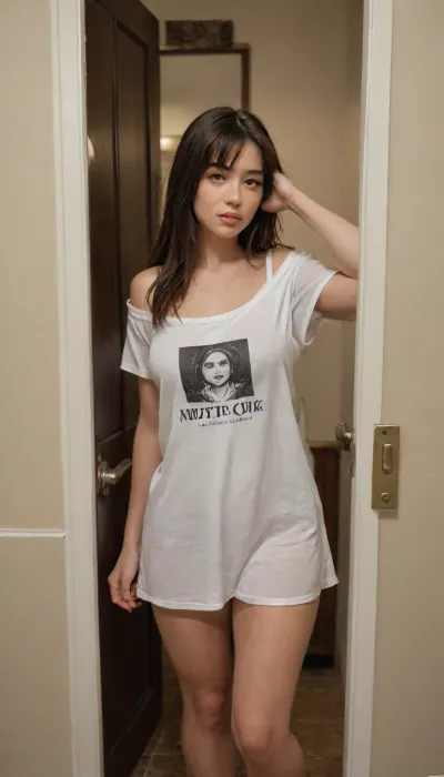 Masterpiece, Real, Realistic, Realism, REIQ, 8kHD, DSLR, Best photography. Asian Girl, Chinese, sleepy girl, open door, standing by the doorway, dark corridor, messey hair, (hand in hair), touching her head, (Detail face), pretty girl, adorable face, (NEW face), (just wake up vibe), long bangs, long fringes, frills, untidy hair, large t-shirt, V-neck t-shirt, translucent, (one shoulder), expose cleavage, (large_breast), thighhigh, Action, opening door. Half open eyes, no makeup. Night, Dark, (low-light), dim, backlight, body silohette, (Perfect body anatomy)