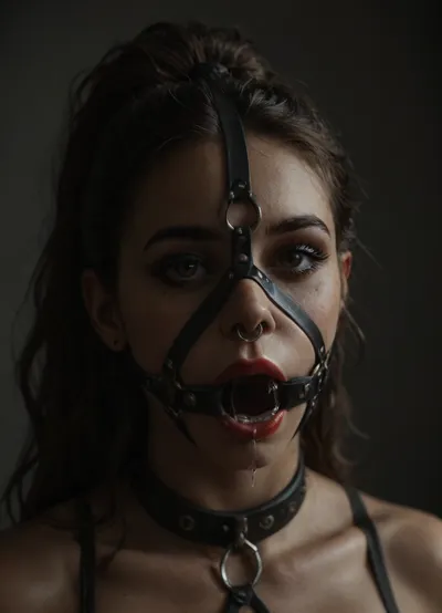 ((30 years old, Tipical italian girl, fit body, fake booobs, perfect cute face, curly very long brown hair in ponytail, brown eyes, light freckles, bimpo lips, skin pores, smooth skin, round ass, hips gap, oiled body)), ((heavy goth makeup, eyeshadow, eyeliner, mascara, red lipstick)), (slave collar), ((nose ring piercing, septum piercing:1.5)), (wearing a black thong), ((face harness gagged mouth:1.5)), ((drooling saliva from mouth, lot of saliva)), in a country apartment, harnessgag, <lora:add-detail-xl:1.3>, <lora:detailed_notrigger:1.2>, <lora:dark:.8>, <lora:harnessgag_xl-000003:1.3>