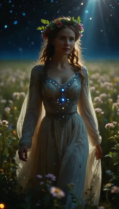 The goddess, personifying slavic Mother-Damp-Earth, in a wreath of flowers and leaves, in a spacious luminous white dress, runs across a field illuminated by the soft light of the universe, smiling, V4lkyr13, W4rr10r, Pr13st3ss, robes, armor, celestial, ethereal, discotech, scifi, uv, blacklights, <lora:MJ52:1.4>, <lora:Cosmic_Golden_Magic_-_DS:1.8>, <lora:Valkirie_Warrior_Priestess:1.4>, <lora:NaviDiscoTechXL-000011:.8>