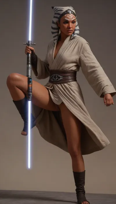 In a dramatic and >Star Wars inspired setting, (full body front view from below:1.4), of a sexy Ahsoka Tano with perfect anatomy, aged 25, (executes a flawless head kick:1.4), (with perfect form and posture:1.5), reminiscent of a master martial artist. She stands in a powerful, dynamic pose, (her leg extended high in the kick:1.3), her upper body bent forward in a fighting stance, In one hand, (she grips a light saber:1.1), ready to continue the fight after the kick, (Her attire includes the traditional robe of Jedi made of finely woven cotton fabric:1.5), layered and flowing with natural folds. The toga is simple yet elegant, in muted earth tones, designed for freedom of movement. A wide brown leather belt wraps around the waist, worn and practical, holding the robe in places, and a flowing short wool tunic that lifts with the movement, exposes a well lit, (perfect pussy:1.6), The scene is well illuminated by bright sunlight, while darker, dramatic clouds loom in the sky, adding intensity. Every detail is captured in high resolution, the texture of her skin, the sheen of sweat, the movement of her hair, and the fabric of her tunic. A hint of smoke in the air and the overall atmosphere reflect the life-and-death stakes of the battle, ultra-sharp details, realistic skin texture, refined contrast, 8k detail, authentic facial expression, clean composition, (maximum photo quality:1.4), (maximum resolution:1.5), Ahsoka, Tano, ahsoka, tano, <lora:Ahsoka_Tano_XL:.9>