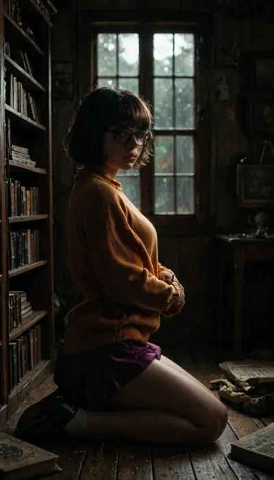 The image is an anime-styled digital illustration depicting a young Velma Dinkley from Scooby Doo, wearing glasses Velma Dinkley from Scooby Doo, kneeling in a room with dim, ominous lighting. The woman is wearing an orange sweater with long sleeves and a short purple skirt. She's wearing white underwear and she's wearing black shoes. She has short brown hair with a purple ribbon and big brown eyes. She is turned three-quarters to the left and looks over her shoulder at the viewer. The room she's in is filled with books and antique furniture. The large window behind the woman shows a view of the trees outside, and there are signs of recent rain. The room also has an antique lantern that gives off a warm glow, and a spider web in the corner of the room. The overall atmosphere of the image is both playful and creepy, rear view, side view, <lora:detailed_notrigger:2>, <lora:add-detail-xl:.8>, <lora:LCMTurboMix_Euler_A_fix:.8>, <lora:dark:.8>, <lora:style_lora_realis:.8>