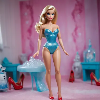 beautiful, sexy, barbie doll, doll joints, plastic, full body portrait, slutty, high heels, big lips, red lipstick, giant boobs, bimbo, elsa frozen, elsa doll