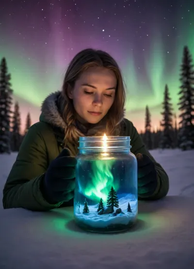 A open jar with a winter scene inside bathed in the northern lights, a 30 year old female North pole explorer looks intently down into the jar, gloved hands, side-view