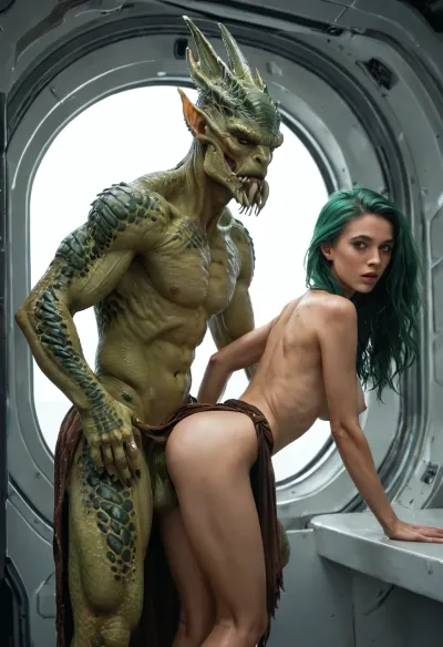 alien sex species, 20 years old, skinny, green hair, loin cloth, natural breasts, sexy pose on command console of space ship, green slimy scales on skin, being fucked from behind by alien beast, bending over, looking back, bright green alien eyes, large window behind showing dark outer space.
