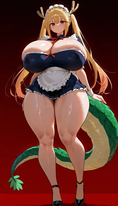 Tohru dragon maid.

Venus body, hyper boobs, huge cleavage, maid outfit, tight clothes, covered nipples, large areolas, green dragon tail.

Full body view., nicorima, flat, chest, gigantic, small, hips, thighs, wide, thick, plump, belly, muscular, female, arms, extra, abs, large, breasts, big, boobs, huge, tits, <lora:Nicorima Style:.8>, <lora:Venus_Body_Alpha:.8>, <lora:bombshell_v2:.8>