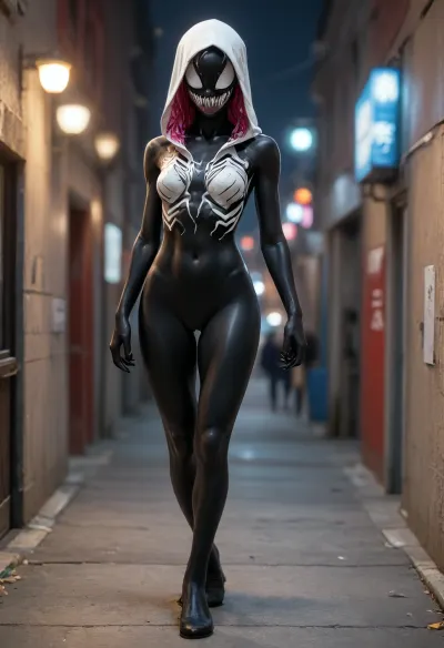 full body view., (Spidergwen-Venom transforming into a sexy skinny anthro venom girl:1.2)