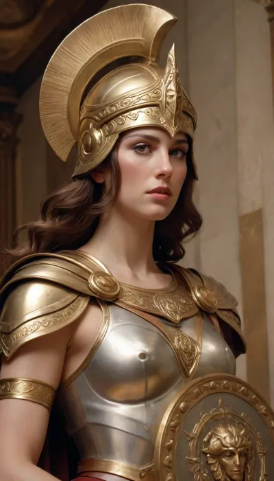 Athena. The Greek goddess of war. A Corinthian helmet with a high crest, a shield covered with goatskin, a shield decorated with the head of the Gorgon Medusa, a spear, J.C., Leyendecker, Style, page, <lora:J.C. Leyendecker Style:.8>