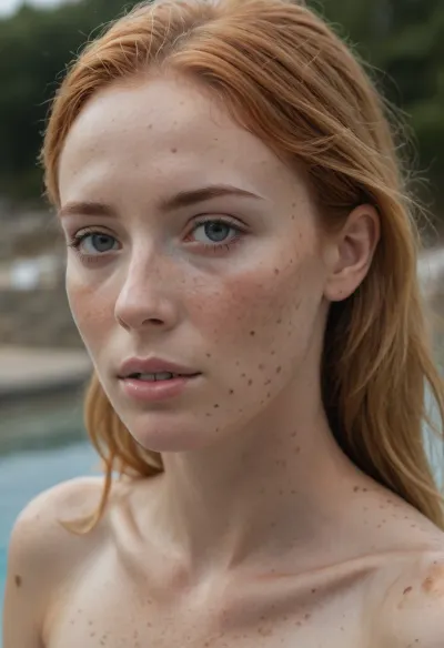 a portrait photo of a sweet young woman in her 20s, (European ethnicity:1.2), (detailed facial features:1.3), (anorexic:1.9), Dutch, natural makeup, slight gentle smile, (intricate mandala tattoo sleeve on left arm:1.2), (sun-kissed long blonde hair swept to the side:1.5), (blue eyes:1.2), wearing small diamond stud earrings, feet visible, really small tits, naked, (very small body), (texture skin visible:1.9), extremely detailed skin, ultra detailed, HDR, intricate details, natural lighting, soft focus, at a pool on a nice day, detailed, eyes, (freckles on face:2), skin, texture, photorealistic, artstation quality, 8k resolution, <lora:Super_Eye_Detailer_By_Stable_Yogi_SDPD0:.9>