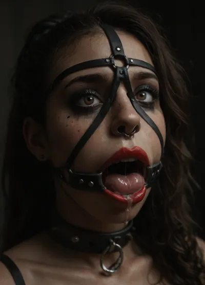 ((30 years old, Tipical italian girl, fit body, fake booobs, perfect cute face, scared, crying, curly very long brown hair in ponytail, brown eyes, light freckles, bimpo lips, skin pores, smooth skin, round ass, hips gap, oiled body)), ((heavy goth makeup, eyeshadow, eyeliner, mascara, red lipstick)), (slave collar), ((nose ring piercing, septum piercing:1.5)), (wearing a black thong), ((face harness gagged mouth:1.5)), ((drooling saliva from mouth, lot of saliva)), in a country apartment, harnessgag, <lora:add-detail-xl:1.3>, <lora:detailed_notrigger:1.2>, <lora:dark:.8>, <lora:harnessgag_xl-000003:1.3>