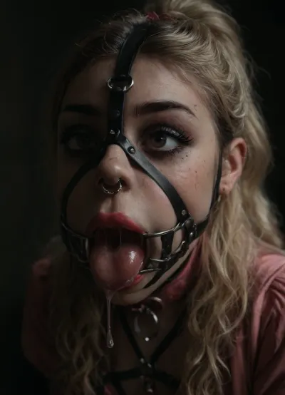 ((30 years old, Tipical italian girl, fit body, fake booobs, perfect cute face, scared, crying, curly very long blonde hair in ponytail, brown eyes, light freckles, bimpo lips, skin pores, smooth skin, round ass, hips gap, oiled body)), ((cute frilly pink dress)), ((heavy goth pink makeup, eyeshadow, eyeliner, mascara, red lipstick)), (pink slave collar), ((nose ring piercing, septum piercing:1.5)), ((pink face harness gagged mouth:1.5)), ((drooling saliva from mouth, lot of saliva)), in a country apartment, harnessgag, <lora:add-detail-xl:1.3>, <lora:detailed_notrigger:1.2>, <lora:dark:.8>, <lora:harnessgag_xl-000003:1.3>