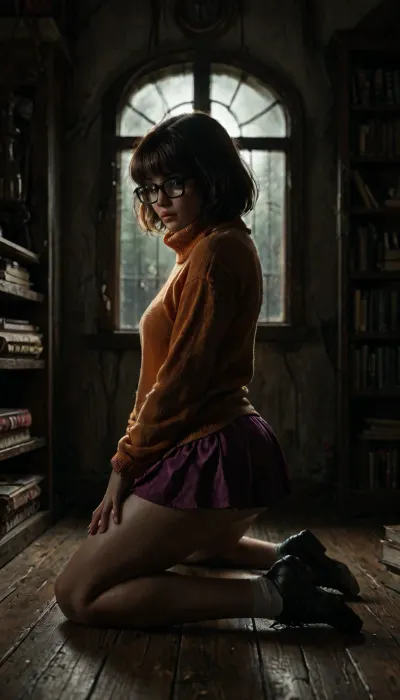 The image is an anime-styled digital illustration depicting a Velma Dinkley from Scooby Doo, wearing glasses Velma Dinkley from Scooby Doo, kneeling in a room with dim, ominous lighting. The woman is wearing an orange sweater with long sleeves and a short purple skirt. She's wearing white underwear and she's wearing black shoes. She has short brown hair with a purple ribbon and big brown eyes. She is turned three-quarters to the left and looks over her shoulder at the viewer. The room she's in is filled with books and antique furniture. The large window behind the woman shows a view of the trees outside, and there are signs of recent rain. The room also has an antique lantern that gives off a warm glow, and a spider web in the corner of the room. The overall atmosphere of the image is both playful and creepy, rear view, side view, <lora:detailed_notrigger:2>, <lora:add-detail-xl:.8>, <lora:LCMTurboMix_Euler_A_fix:.8>, <lora:dark:.8>, <lora:style_lora_realis:.8>