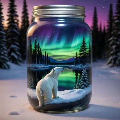 A glass jar containing the Northern Lights, with a starry night sky reflected in a lake inside, surrounded by snow-covered pine trees of the North Pole and a white polar bear. The Northern Lights are depicted against a background of stars in the night sky, with the lake reflecting both the Northern Lights and the North Pole night sky, creating an Arctic polar world. Detailed textures, a colorful and saturated emerald green and magenta Northern Lights, a starry sky, water reflecting the Northern Lights and stars, some snow-covered pine trees, and a highly detailed and sharp white polar bear. The interior of the glass jar is ultra-detailed and high-quality, with detailed and realistic textures, a sharp, detailed sky, and crisp reflections. Ultra-sharp low foreground, prioritizing the interior of the large, wide glass jar, great depth of field inside the jar, sharp edges, sharp focus throughout the interior, well-focused, (superior quality:1.4), (ultra-detailed:1.3), (illuminated by the aurora borealis of the jar), ('hyper-realistic 8k, details of the night sky, detailed and colorful aurora borealis, reflections of the aurora borealis in the lagox, texture of the snow, details of the snowy pines, details of the sharp polar bear, cinematic work), .