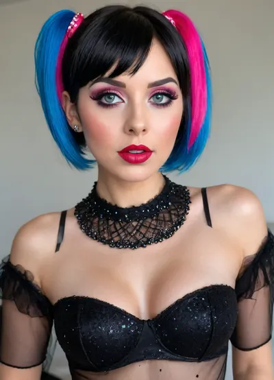 Gothic style Stunning photo, 8k, highest quality, wide viewing angle, The new widow is 18 years old, detailed face, insanely attractive face, Little lady, (square haircut, multicolor:1.2), anal sex, extreme anal penetration, big boobs, huge anal toy in the anus, full body view, legs in stockings with a pattern of 💕, Sperm splashing everywhere, hypervigilance, The whole body in plain sight, too big for a girl and stretching the anus to the limit, Sperm splashing from the vagina, big ass, beautiful, (makeup:1.5), long blue eyelashes, olive eyeshadow with glitter, (high-quality facial care:1.3), large plump lips of a beauty in red lipstick with a glossy wide pink contour and an open mouth, (hairstyle with five pigtails, straight blue bangs with sequins:1.2), purple areoles, looks at me, (short, hair:1.7), (The black hair veil:1.5)