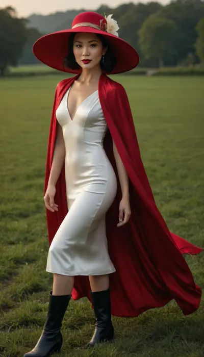 A hyper-realistic full-body portrait of a 45-year-old sophisticated, elegant, and powerful Chinese woman, exuding confidence and sensuality, walking gracefully across a lush green field, wearing a sleek white satin dress with a deep V-neckline and a flowing red cape, paired with stylish black wellington boots, accessorized with large gold statement earrings, bold red lipstick, and strong, confident makeup with smoky eyes, perfectly styled hair in an elegant updo, wearing a large, dramatic red wide-brimmed hat with a delicate floral arrangement on top, the hat is oversized and eye-catching, casting a subtle shadow on her face, radiant and happy, oozing charisma and dominance, ultra-detailed skin texture, cinematic lighting, 8K resolution, photorealistic, intricate fabric and boot details, luxurious yet practical atmosphere, high fashion editorial style, sensual yet powerful expression, subtle smile, confident posture, ultra HD, hyper-detailed, professional photography, depth of field, vibrant colors, rich contrast, award-winning portrait, full-body view from head to toe