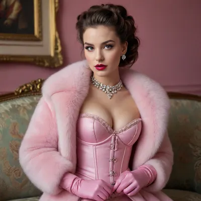 Pink Power, A Striking Portrait of Style and Confidence

In a recent photo making waves, a woman commands the center of attention, embodying a unique blend of high fashion and bold confidence. The scene is set against a backdrop of muted elegance, with a patterned sofa and glimpses of interior decor that suggest a modern, yet comfortable living space.

The subject of the image is a woman with fair skin, her hair styled in an updo, revealing a glimpse of her dark roots. Her facial features are striking, with full red lips, a well-defined nose, and piercing eyes accentuated by dark eyeliner and makeup that highlight her cheekbones. Her expression is one of self-assured poise, as she looks directly at the camera with determination.

Her outfit is a daring display of pastel pink, featuring a corset that cinches at the waist and is trimmed with fluffy fur. Matching fur accents appear around her neck, on the cuffs of her gloves, and adorning her footwear, creating a cohesive and eye-catching ensemble. The gloves themselves are a light pink, extending to her elbows, while the fur-trimmed heels add height and complete the look.

The atmosphere of the photo is one of high fashion and artistic expression. The choice of color, the texture of the fur, and the woman's pose all contribute to a sense of luxury and boldness. It's a statement piece that challenges conventional style norms and celebrates individuality.

perfect face