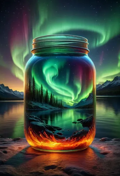 Northern Lights seen through a fine glass jar in the night sky above a large lake that reflects the aurora borealis like a mirror. The effect is that the aurora borealis appears to be inside the jar, as if it were inside and reflected in the lake like a mirror, enhancing the illusion of the aurora trapped in the jar., (Extremely high quality, ultra-detailed), (stunning Northern Lights), (crisp, intense lava-like colors that contrast with the sky), (sharp view through the jar), (photorealistic with photographic impact), (color gradation), (cinematic), (perfect contrast), ais-brknlvlmp, <lora:ais-brknlvlmp-sdxl:2>