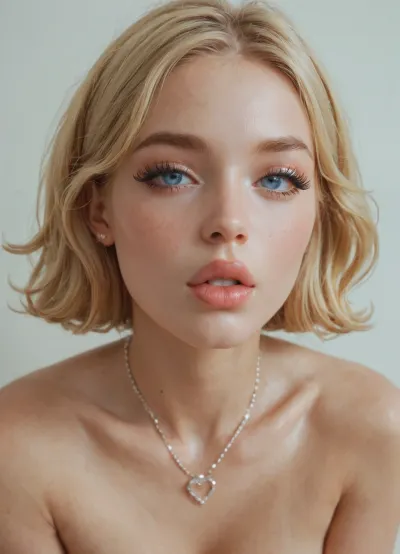 Bianca, sex doll face, blonde blue eyes, big full lips, round sex doll mouth, long eyelashes