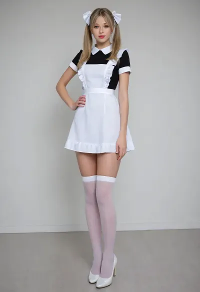 beautiful blonde 18 years old with ponytails woman, Pattie Boyd face, lewd posing, beautiful face, earrings, detailed face, detailed hands, white bows, black dress, white apron, soviet, white lingerie, white shoes, high heels, background glass walls, suxl, M3L0DYM4RK5, panntyhose, black, pantyhose, white, LIFT, UP, DRESS, CURTSEY, FROM, BELOW, BACK, <lora:suxl:1.9>, <lora:M3L0DYM4RK5 [vvugot1905cc735fbp19f1]:1.8>, <lora:pantyhose_xl_v1:1.7>, <lora:Lift Up Dress:1.8>