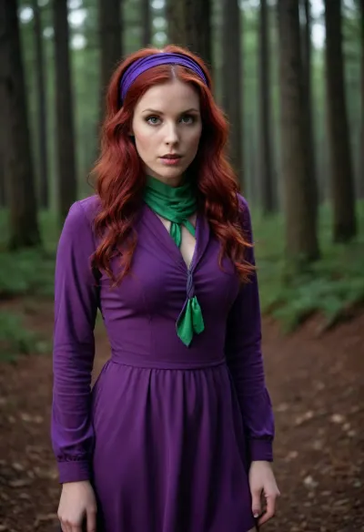 Woman, soft long wavy deep red hair, thin purple headband, surprised/curious expression, fitted short purple dress with long sleeves, bright green loosely tied neckerchief, hourglass figure, athletic build, dark forest, nighttime, spooky ambiance, shadows, dark background