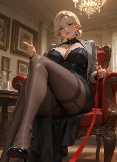Mature mistress, sitting on chair, mistress pointing viewer with her foot, slender woman, narrow waist, tight fitting dress, stockings, corset, tied hair, british lady, long legs, slender legs, pointing foot, (jacket), classy clothing, (mistress holding leash), coffee table, wide angle, low angle, (upskirt), stylised photography, film noir setting, femdom, ((pov leashed)), foot close to viewer, blonde, (50 years old), realistic hands, realistic face, leash continues from hand to image edge, cleavage, nylons