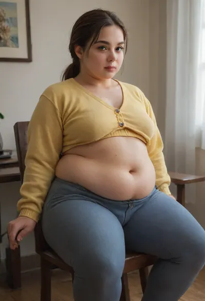 (((1 woman))), (((flatchested:1.4))), (hairy genitals:1.4), ((((male genitalia)))), to a woman sitting in a chair, (((bare groin:1.2))), . The woman is plump, (obese:1.1), well-dressed, yellow cardigan, leggings and has a fashionable hairstyle and makeup., aakasumi, long, hair, brown, low, ponytail, over, shoulder, eyes, medium, breasts, <lora:tendou_kasumi_animagine_v1:.8>, misty, <lora:Misty:.8>