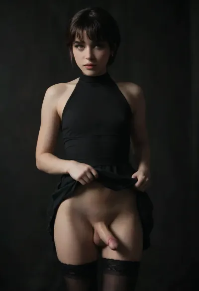 Beautiful FEMBOY Slut, standing with one hand on a hip, (medium penis:1.3), (Penis erect:1.5), short boyish hair with long bangs but otherwise very short pixie cut hair, sexy dress which she is lifting to show her cock, Flat chested, Stockings, no underwear. SCENE, romantic bedroom in a BnB, night, dark scene, dark background, bright flash and second fill flash, focused, flash, photo, erect-futa, erect-penis, woman, testicles, erection, skirt, lift, zavy-cnmtc, <lora:sdxl_darkflash_v6-000060:1.7>, <lora:dark:.3>, <lora:SDXLlora13ErFut:1>, <lora:skirtLift:.6>, <lora:zavy-cnmtc-sdxl:1.7>